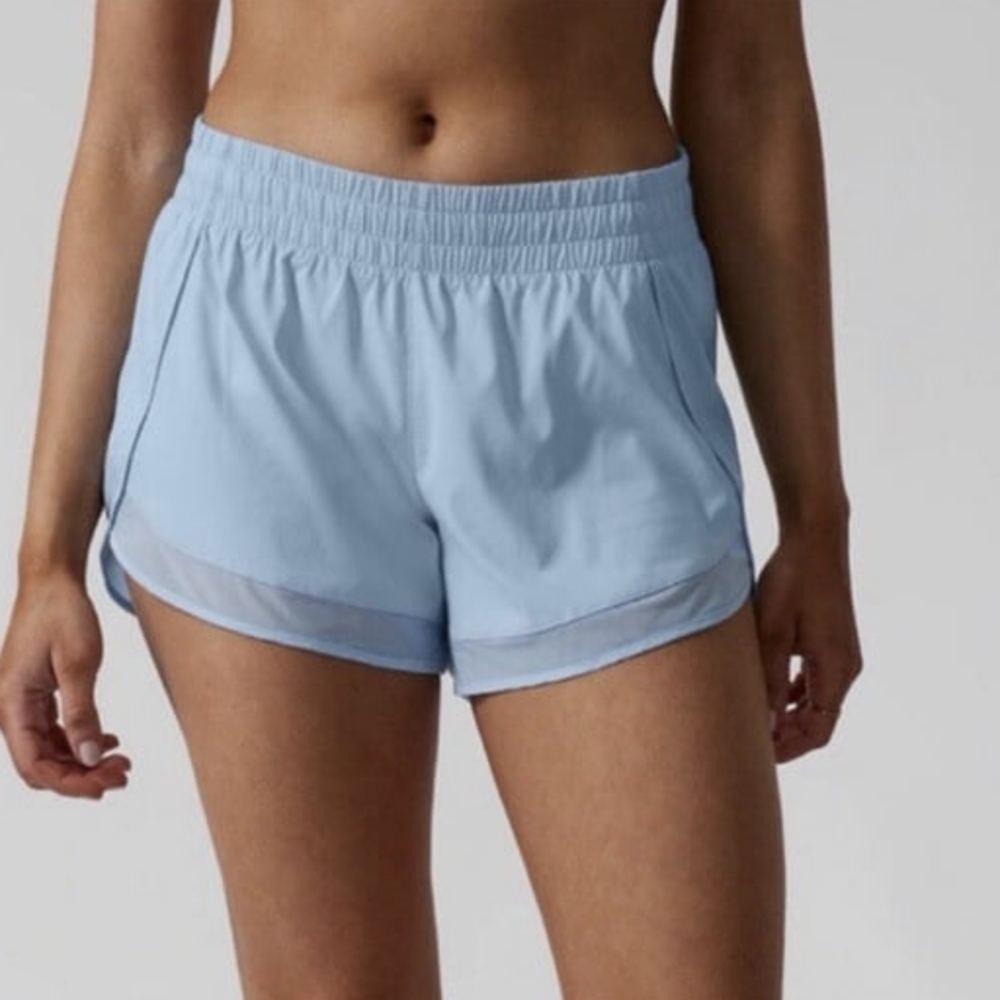 Athleta Baby Blue Women's Mesh Racer Run Mid Rise Athletic Shorts 